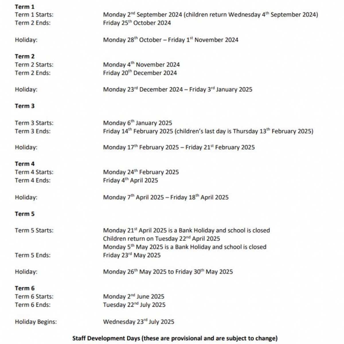 Westlands Primary School 20242025 Term Dates